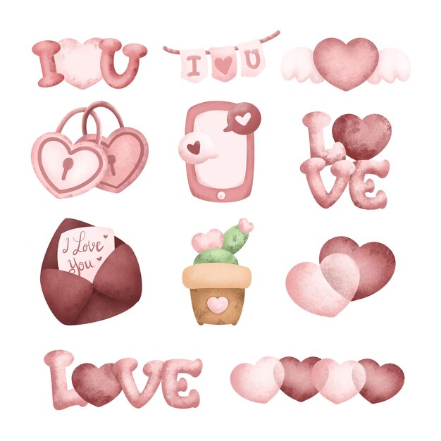 Conjunto de pegatinas de cosas de San Valentín lindo acuarela
