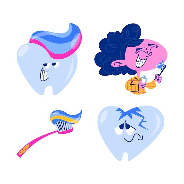 Vector conjunto de pegatinas de cuidado dental de dibujos animados retro