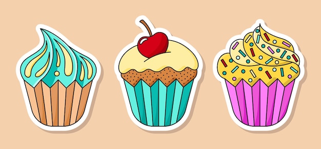 Conjunto de pegatinas de cupcake de dibujos animados vectoriales Tres postres dulces aislados con chispas de cereza y crema