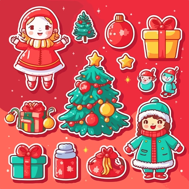 Vector conjunto de pegatinas de decoración navideña colección de pegatinas de adornos de atributos navideños colección de invierno