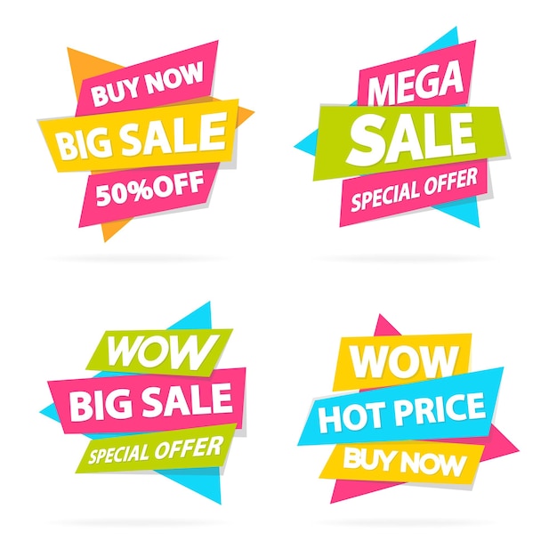 Conjunto de pegatinas de descuento oferta especial etiqueta publicitaria venta súper venta mega venta precio caliente descuento cartel aislado en fondo blanco Ilustración vectorial
