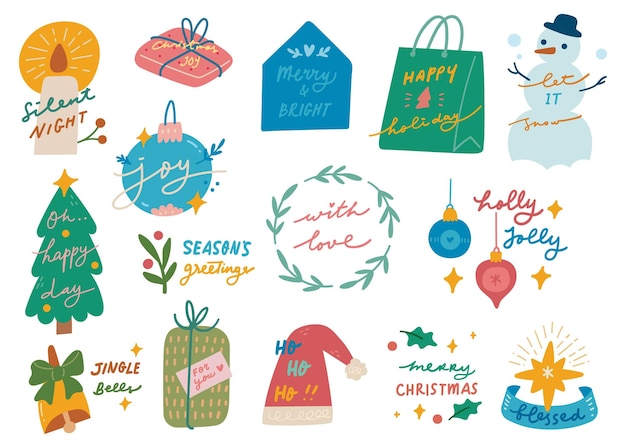 Conjunto de pegatinas de deseos festivos y bonitos para las fiestas de Navidad y Año Nuevo