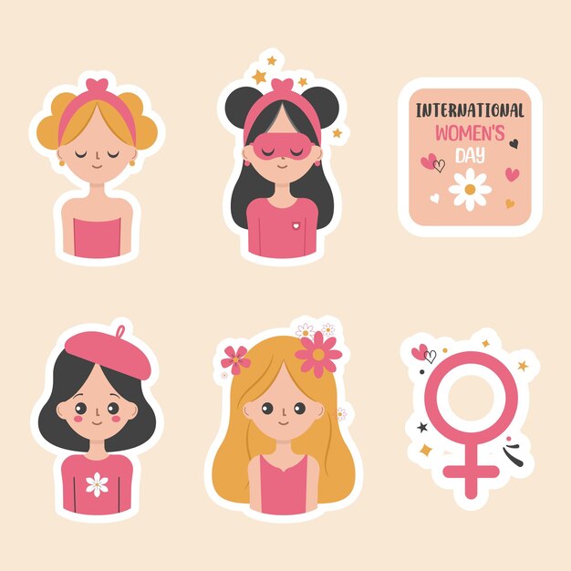 Conjunto de pegatinas para el Día Internacional de la Mujer con chicas lindas Ilustración vectorial en estilo plano