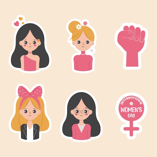 Vector conjunto de pegatinas para el día internacional de la mujer con chicas lindas ilustración vectorial en estilo plano