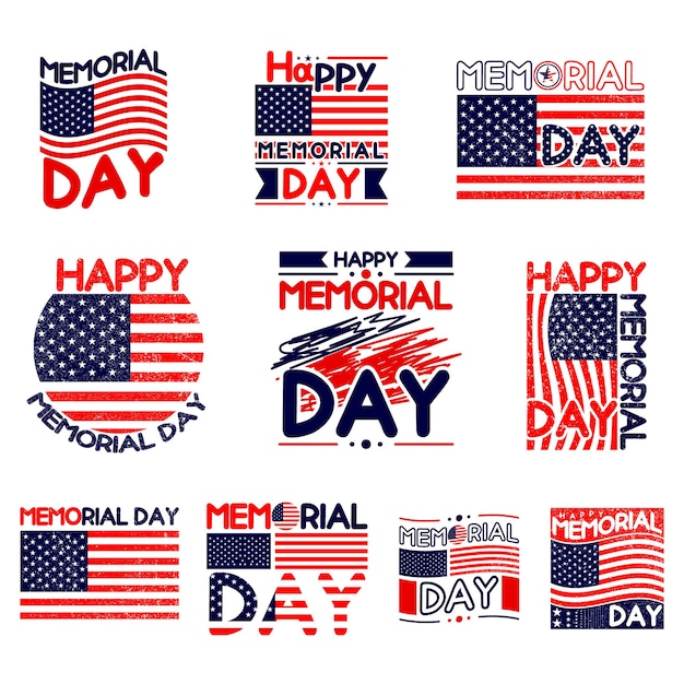 Un conjunto de pegatinas del día patriótico con las palabras feliz día conmemorativo.