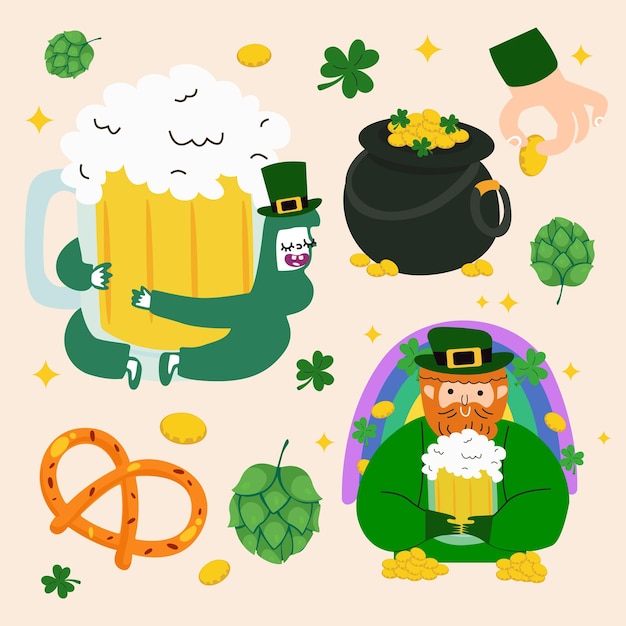 Conjunto de pegatinas para el Día de San Patricio Elementos vectoriales para cartel Personaje duende taza de cerveza