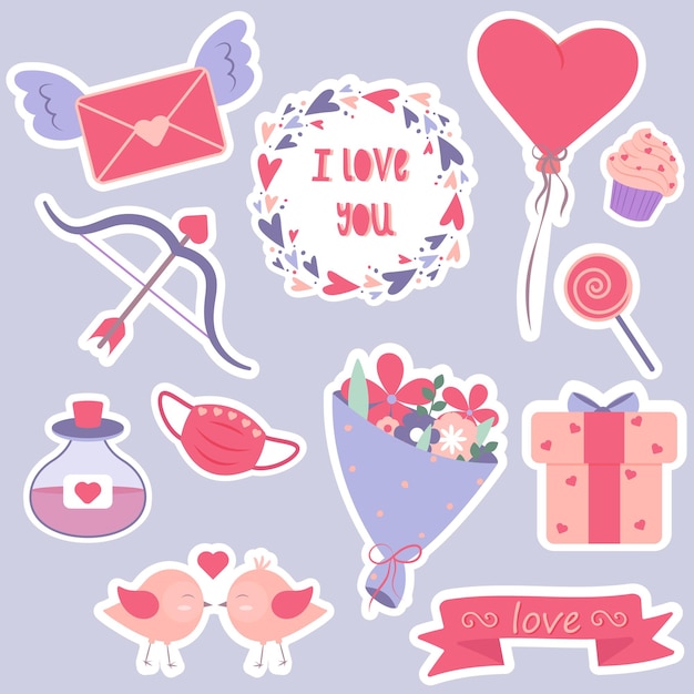 Vector conjunto de pegatinas para el día de san valentín en corazones de amor violetas y rosas