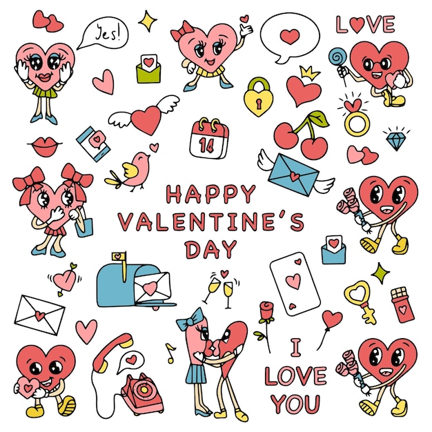 Conjunto de pegatinas de día de San Valentín de moda Retro día de san Valentín de los años setenta y sesenta Estética cómica vintage Ilustración vectorial vectorial