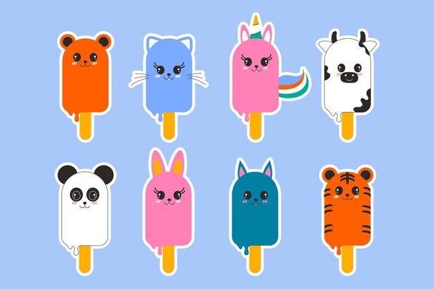 Conjunto de pegatinas dibujadas a mano helado kawaii en forma de animales en un diseño plano de palo