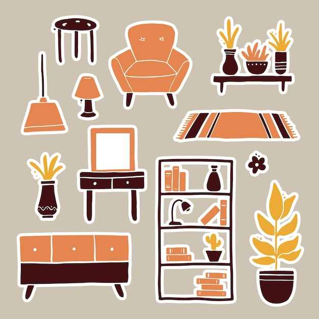 Conjunto de pegatinas dibujadas a mano de muebles de sala, sofá, silla, planta de la casa, lámpara de pie, estantería, alfombra. Estilo plano de moda simple.