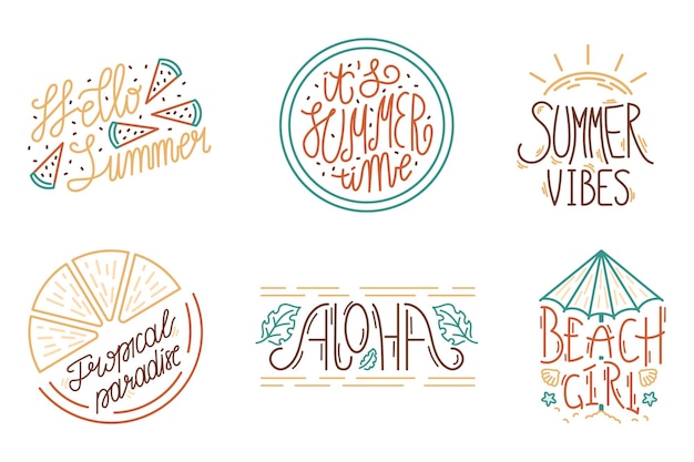 Vector conjunto de pegatinas dibujadas a mano de verano letras a mano colección de etiquetas de vacaciones de ambiente tropical vectorial