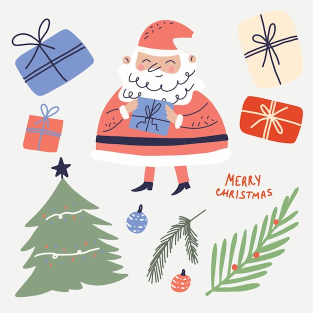 conjunto de pegatinas de dibujos animados de Navidad dibujadas a mano con Papá Noel y árbol de Navidad
