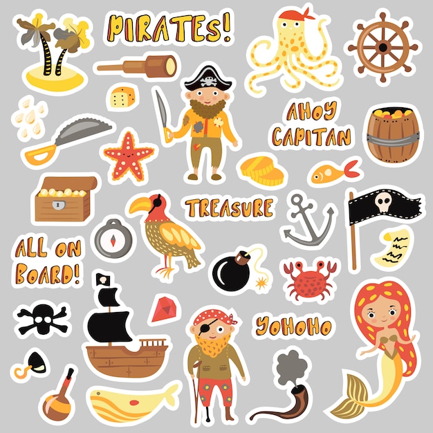 Conjunto de pegatinas de dibujos animados de piratas.