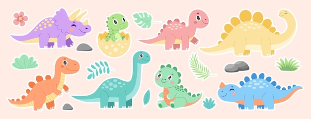 Un conjunto de pegatinas de dinosaurios de diferentes colores y tamaños