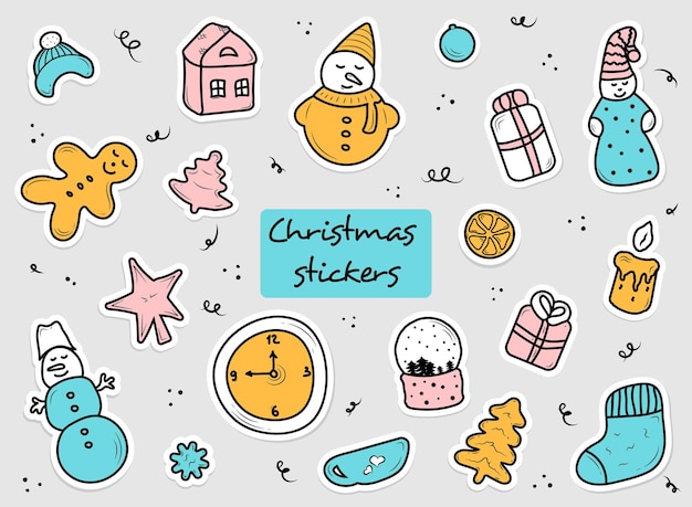 Conjunto de pegatinas de doodle de fiesta de navidad tema de vacaciones de invierno acogedor y brillante plantilla de parche de alfileres con estilo ilustraciones dibujadas a mano de feliz navidad