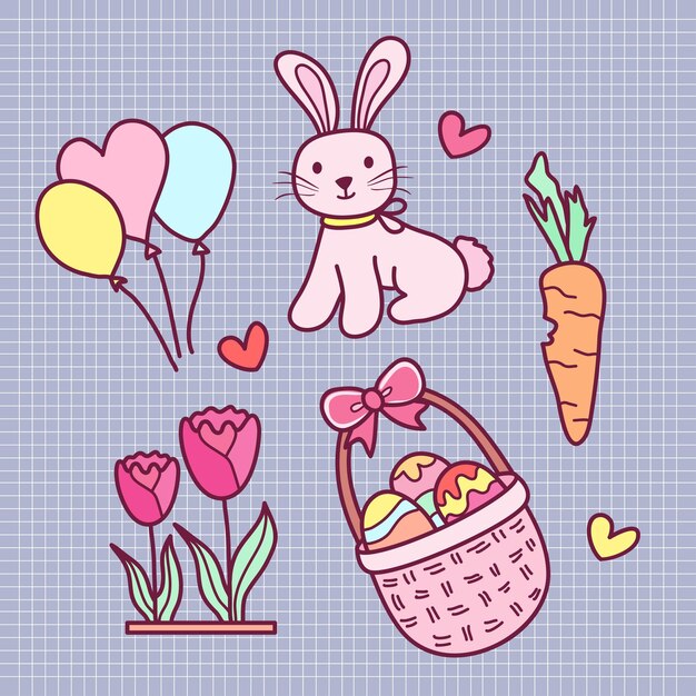 Conjunto de pegatinas de doodle de pascua dibujadas a mano kawaii