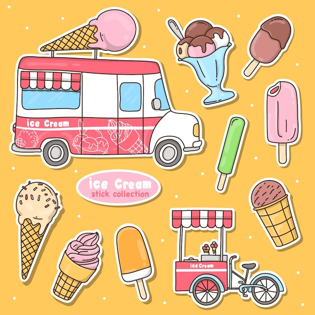 Conjunto de pegatinas doodlestyle con diferentes tipos de helados y una furgoneta