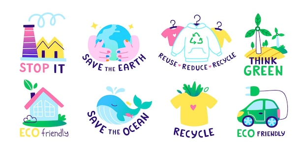 Conjunto de pegatinas ecológicas de dibujos animados Colección de Pegatinas de conservación ambiental de vectores brillantes
