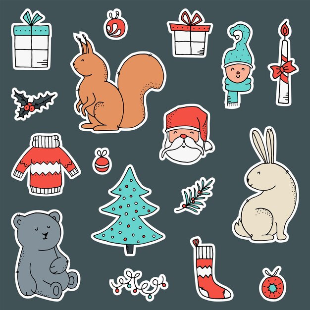 Vector conjunto de pegatinas con elementos de navidad y año nuevo.