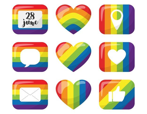 Un conjunto de pegatinas con elementos de redes sociales Botones rectangulares y un corazón con los colores del mes del orgullo Aislado en un fondo blanco Mes del orgullo LGBT Ilustración vectorial