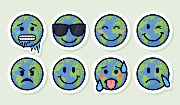Conjunto de pegatinas emoji de la Tierra cara feliz triste llorando ojo guiño frío caliente elementos de diseño vectorial bonito