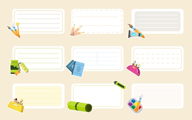 Conjunto de pegatinas escolares al estilo de dibujos animados Ilustración vectorial de hermosas pegatinas de cuadernos escolares con pinceles pinturas lápices libros de texto estuches de lápices borrador marcador aislado en fondo beige