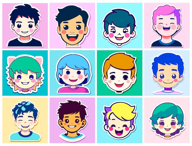 Vector conjunto de pegatinas en estilo de dibujos animados en forma de cabezas de niños lindos con sonrisas en sus rostros personas de diferentes razas con varios colores de cabello y piel diseño plano simple