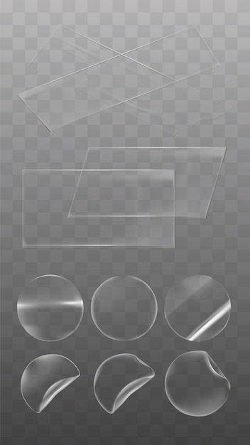 Conjunto de pegatinas y etiquetas de vidrio transparente Varias formas círculos rectángulos claros brillantes y reflectantes Perfecto para etiquetas de diseño y decoración Conjunto vectorial de elementos de pegatina