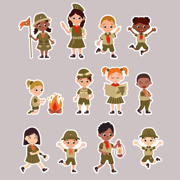Un conjunto de pegatinas con exploradores niños y niñas exploradores alegres en diferentes poses