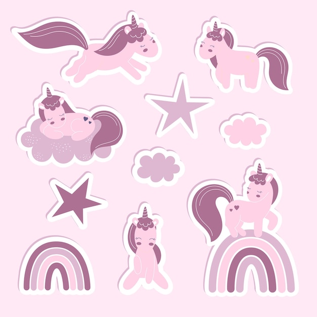 Un conjunto de pegatinas con fabulosos unicornios conjunto de lindos ponis ilustración de bebé