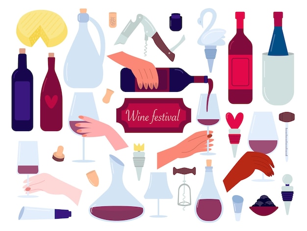 Conjunto de pegatinas de festivales de vino Manos con vasos de vino rojo botellas de vino degustación decantador sacacorchos