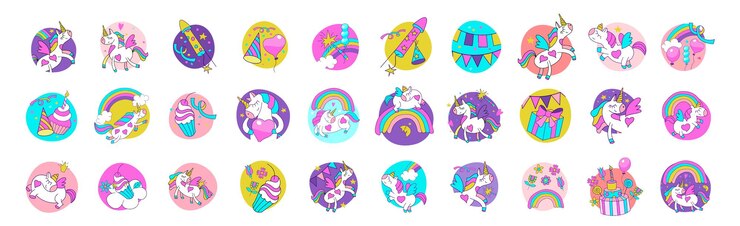 Vector un conjunto de pegatinas festivas para un cumpleaños, un baby shower o cualquier festividad. el personaje es un lindo unicornio de dibujos animados.
