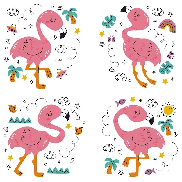 Vector conjunto de pegatinas de flamenco de estilo de dibujos animados