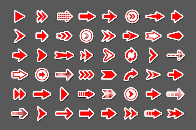 Conjunto de pegatinas de flechas coloridas Colección de punteros de iconos de cursor rojo Flechas simples en diferentes formas Siguientes señales web traseras Ilustración vectorial