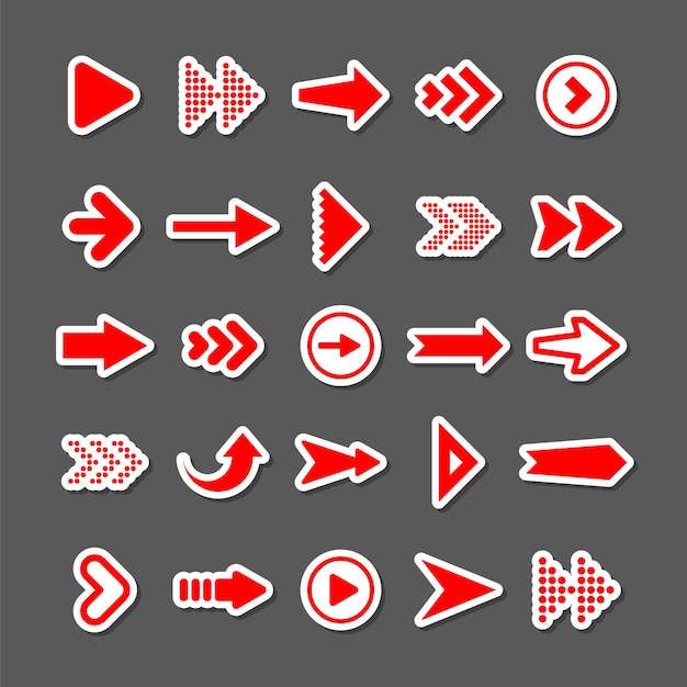 Conjunto de pegatinas de flechas coloridas Colección de punteros de iconos de cursor rojo Flechas simples en diferentes formas Siguientes señales web traseras Ilustración vectorial