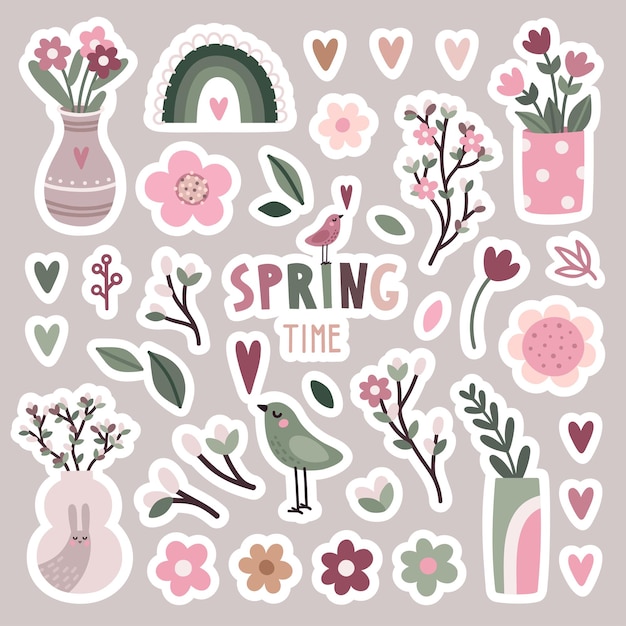 Vector conjunto de pegatinas de flores de primavera