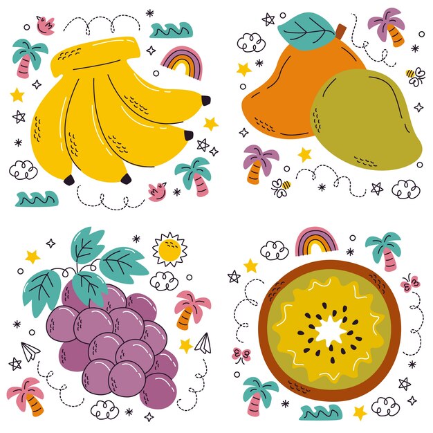 Vector conjunto de pegatinas de frutas de garabato dibujado a mano