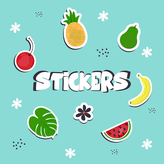 Conjunto de pegatinas de frutas Gráfico de dibujos animados de verano Vector ilustración dibujada a mano