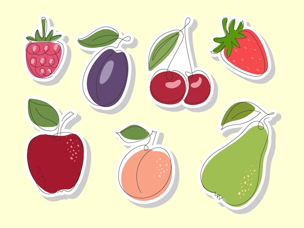 Conjunto de pegatinas de frutas de jardín de verano dibujadas a mano abstracto manzana fresa frambuesa pera cereza ciruela