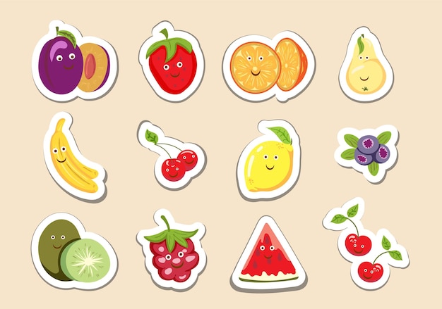 Vector conjunto de pegatinas de frutas lindas de dibujo en estilo de dibujos animados kawaii