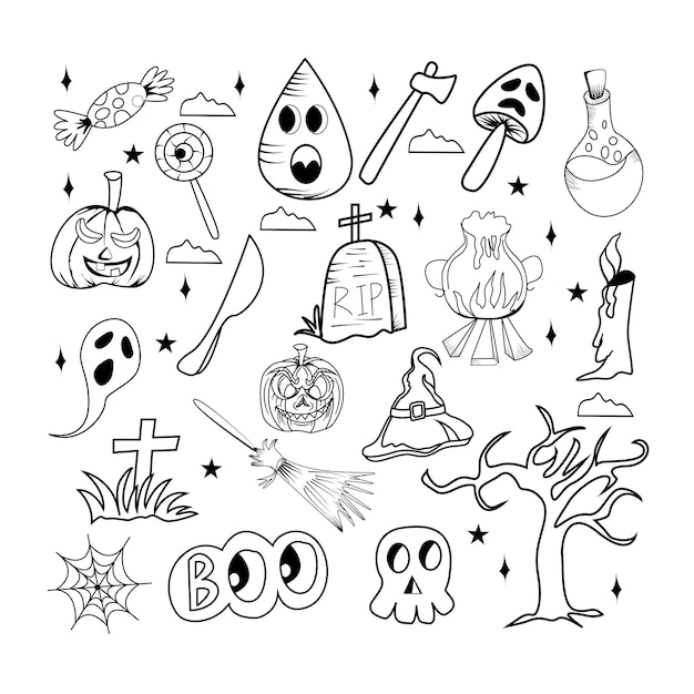 Conjunto de pegatinas de garabatos dibujados a mano de Halloween