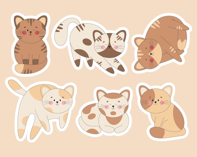 Conjunto de pegatinas de gato lindo gatito kawaii con diferentes poses y emociones aisladas vector plano