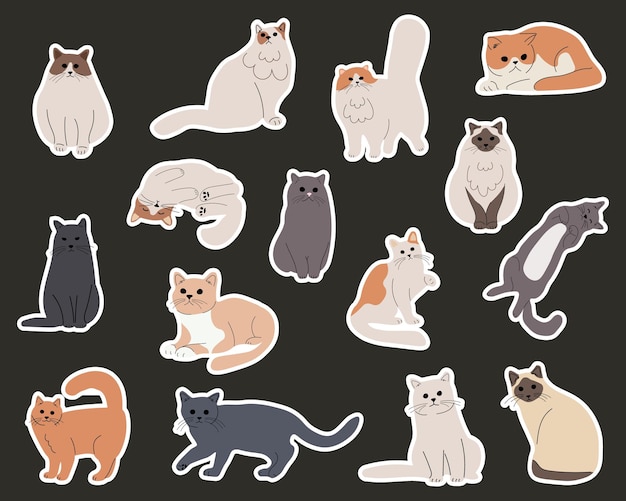 Vector conjunto de pegatinas de gatos kawaii colección de lindos gatos bebés estilo dibujado a mano de dibujos animados ilustración moderna de moda en estilo de dibujos animados planos ideal para el diseño de tarjetas de felicitación y más