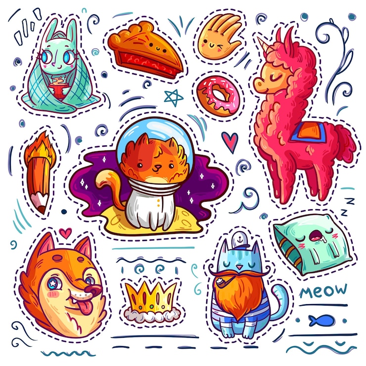 Vector conjunto de pegatinas geniales con animales divertidos de dibujos animados, comida y cosas colección de vectores de personajes lindos para parches, insignias, pines, impresiones, etc.