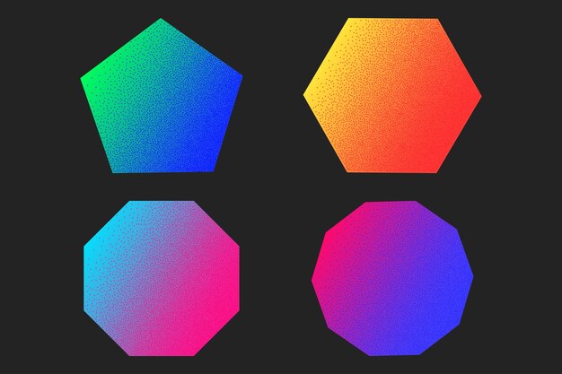 Conjunto de pegatinas geométricas de neón con efecto de punto texturizado aisladas sobre un fondo oscuro gradiente