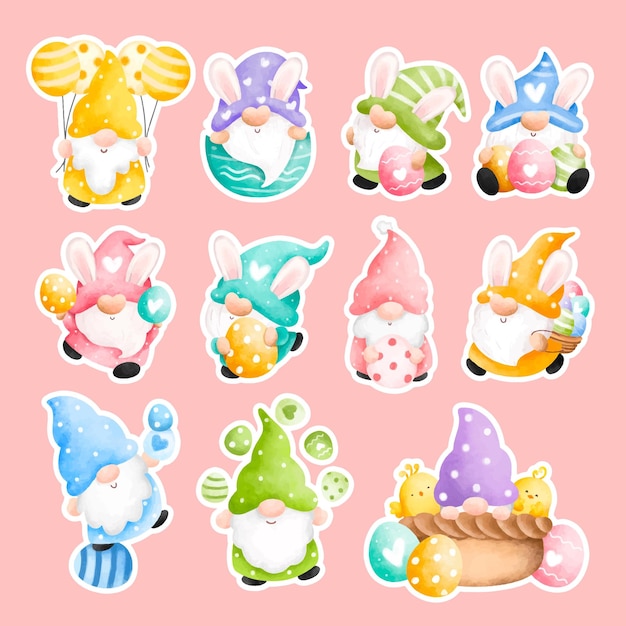 Conjunto de pegatinas de gnomo de Pascua acuarela