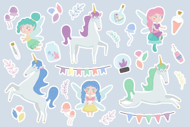 Conjunto de pegatinas hadas unicornios y elementos mágicos Imágenes prediseñadas de concepto de cuento de hadas para scrapbooking
