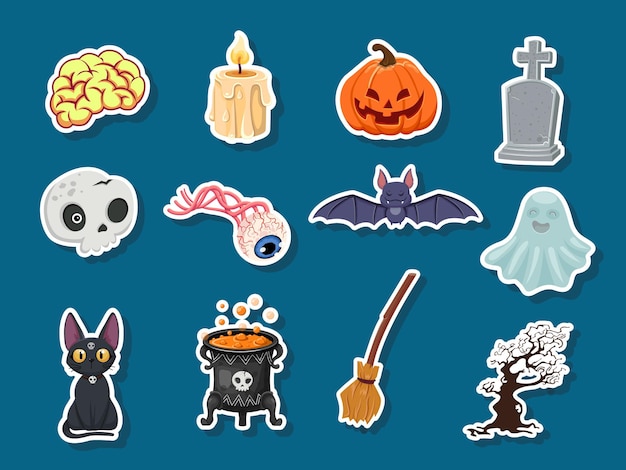 Vector conjunto de pegatinas de halloweeen de icono. calabaza, fantasma, cerebro, murciélago, cráneo, lápida, árbol, vela, escoba, globo ocular, gato, caldero de brujas. ilustración vectorial