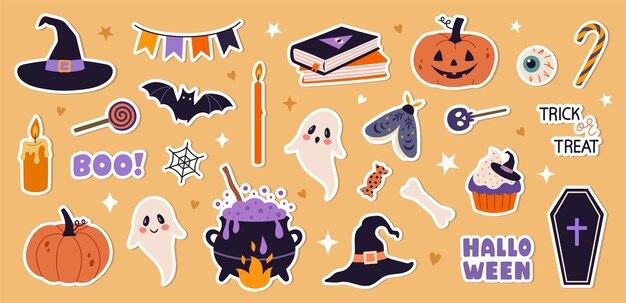 Conjunto de pegatinas de Halloween para álbumes de recortes Ilustración vectorial
