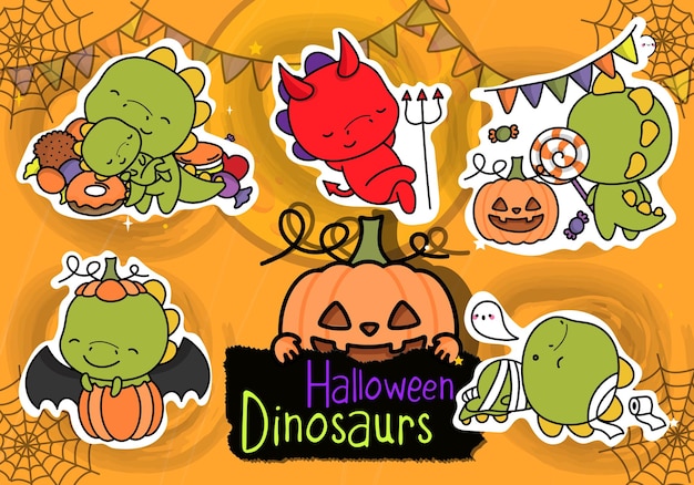 Conjunto de pegatinas de Halloween. Colección de ilustraciones de Halloween Dino Clipart.